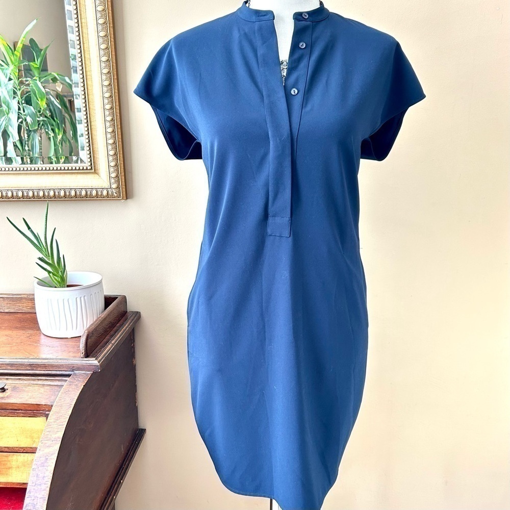 Vince Navy Blue Crepe Popover Shift Dress Split Neck Dolman Cap Sleeve Size S